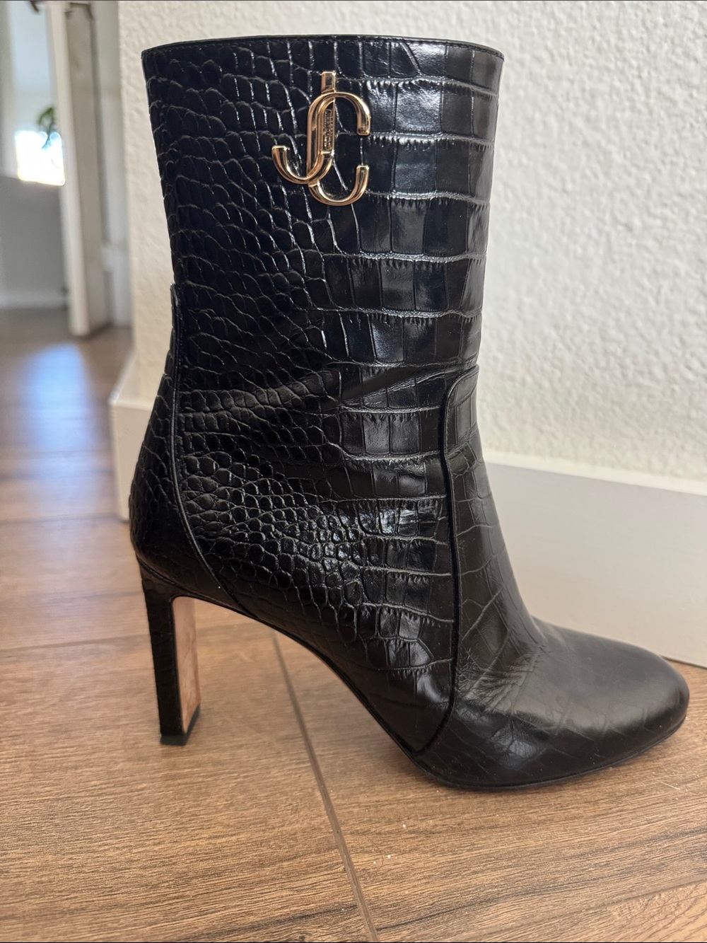 Jimmy Choo Black Croc-Embossed Heeled Ankle Boots with Gold Logo Accent